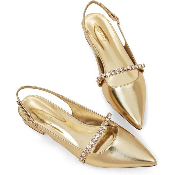 Women Gold Polyurethane (PU) Rhinestone Pointed Toe Slingback Flats - Picture 1 of 9